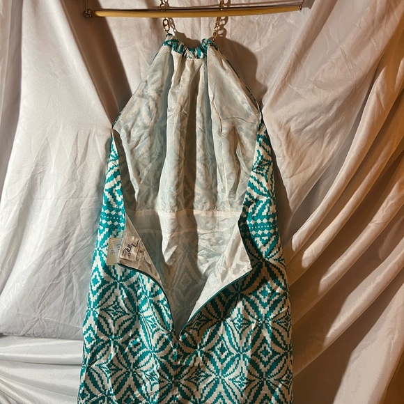 Milly Of New York Silk Dress Backless Chain Halter Sz 10 In Aqua Teal White - Picture 9 of 12